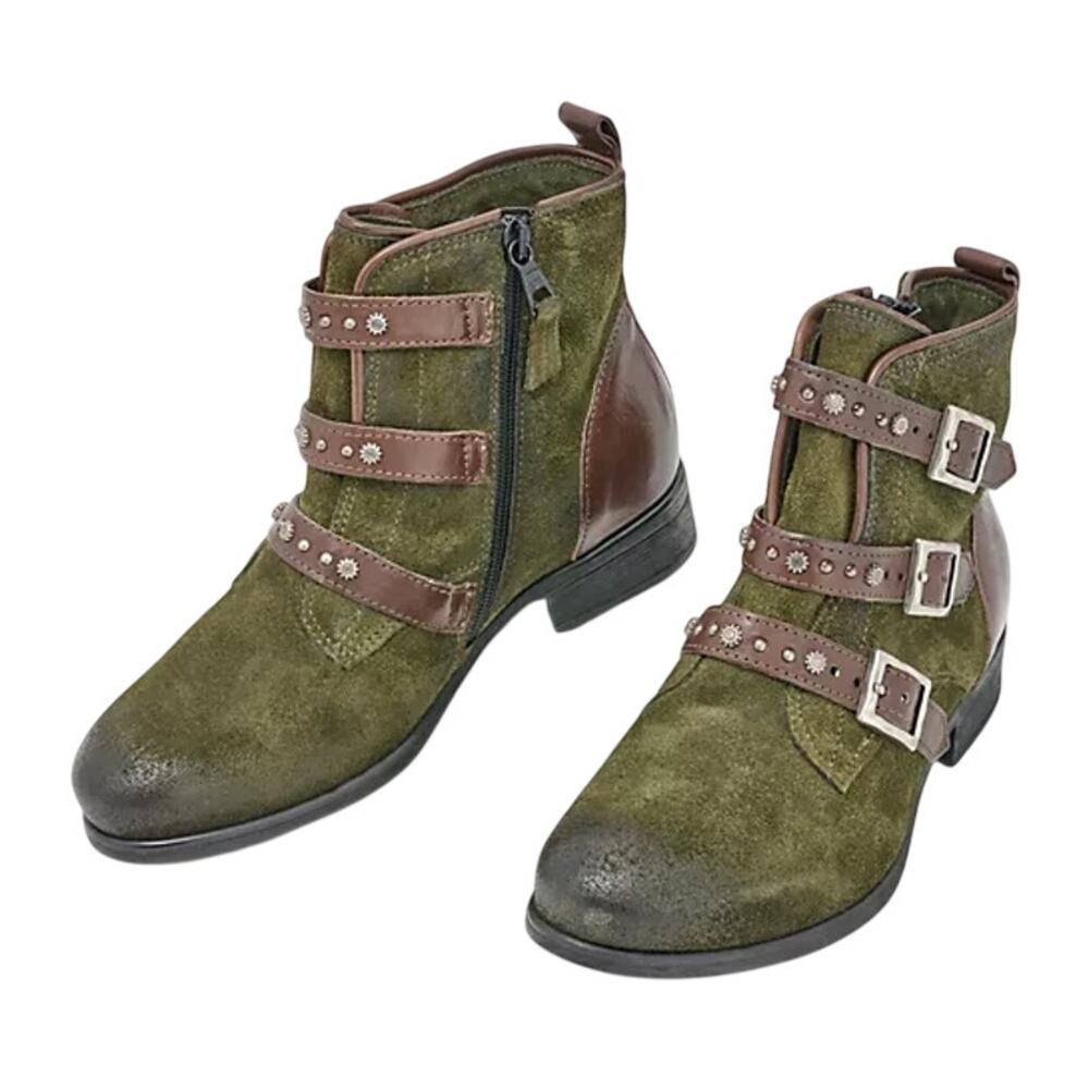 Miz Mooz Womens Sherri Ankle Boot EU 36 WIDE US 6 Green Brown Leather Buckle NIB